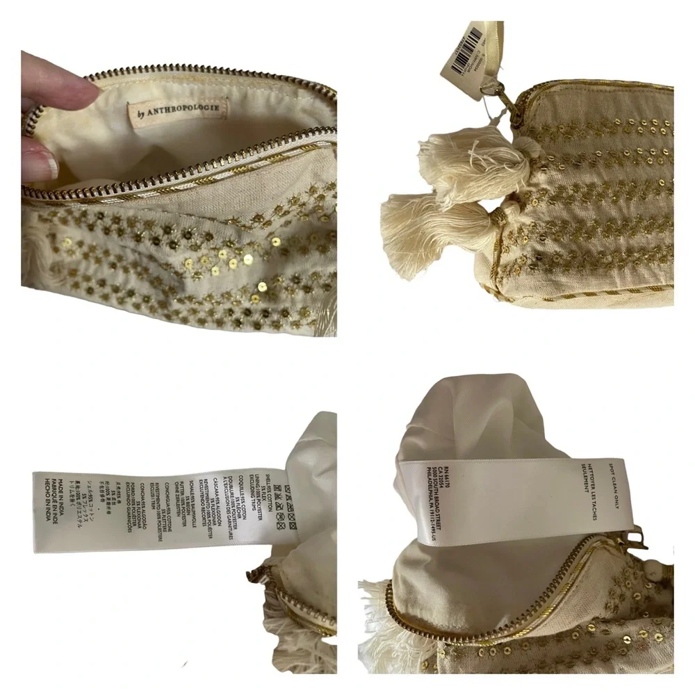 ANTHROPOLGIE Cosmetic Makeup Bag Bundle Natural Colors Tassels Sequins